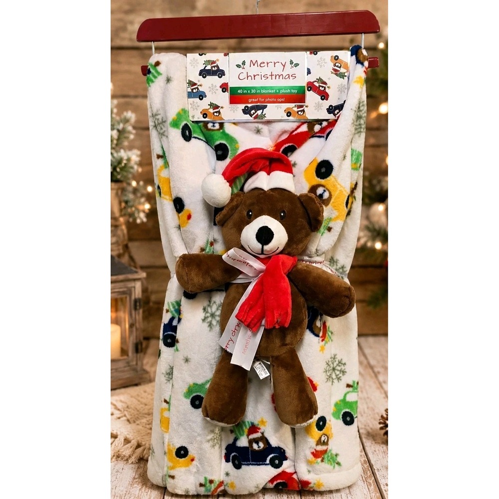 Christmas Teddy Bear Plush Toy 40x50 Fleece Blanket Set Holiday Cars Photo